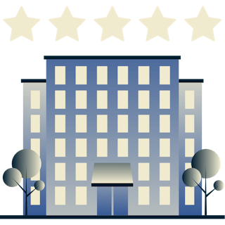 Duży hotel, nad którym unosi się 5 gwiazdek.